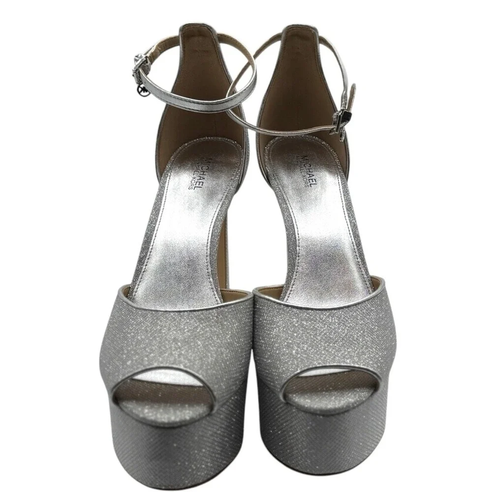Michael Kors Silver Glitter Platform Stiletto Heel Ankle Strap Peep Toe Size 9.5